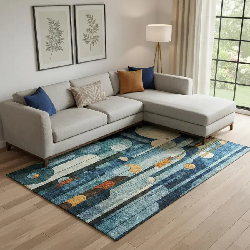 Blue Copper And Ivory Geometric Washable Area Rug With UV Protection Photo 2