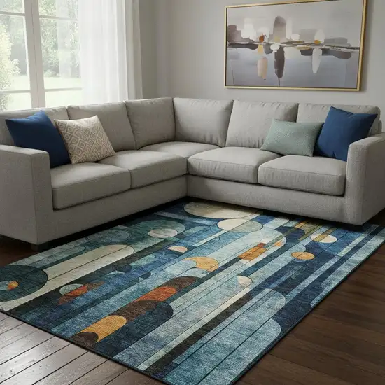 Blue Copper And Ivory Geometric Washable Area Rug With UV Protection Photo 2