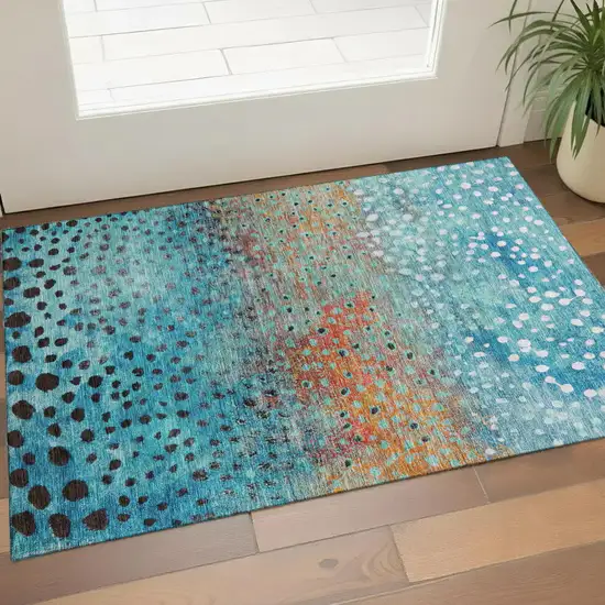 Blue Copper And Ivory Polka Dot Washable Area Rug With UV Protection Photo 1