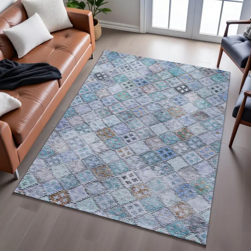 Blue Copper And Silver Geometric Washable Area Rug With UV Protection Photo 3