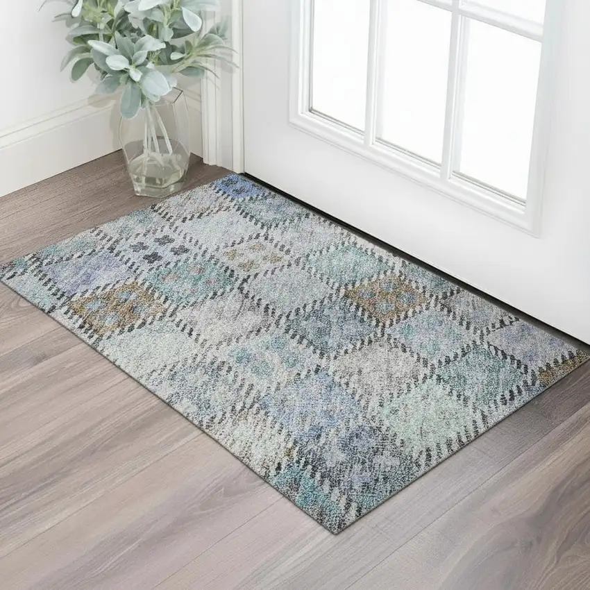 Blue Copper And Silver Geometric Washable Area Rug With UV Protection Photo 2