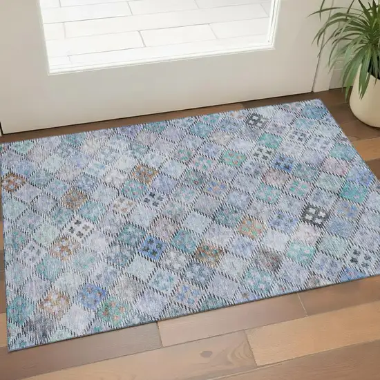 Blue Copper And Silver Geometric Washable Area Rug With UV Protection Photo 1