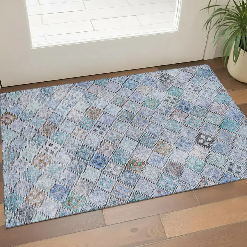 Blue Copper And Silver Geometric Washable Area Rug With UV Protection Photo 1