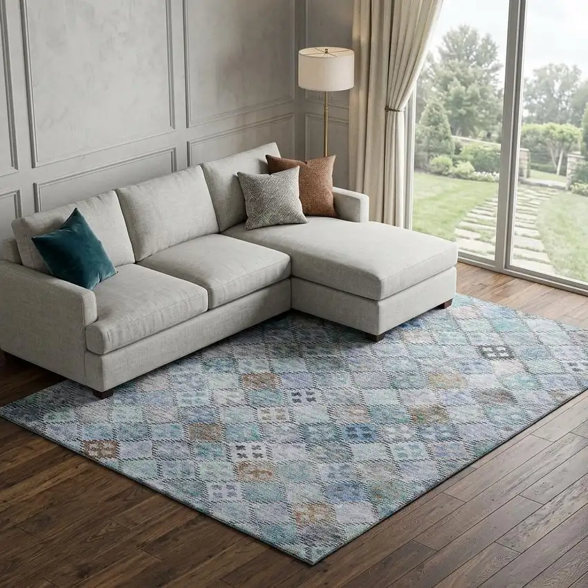 Blue Copper And Silver Geometric Washable Area Rug With UV Protection Photo 1