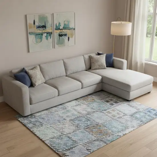 Blue Copper And Silver Geometric Washable Area Rug With UV Protection Photo 2