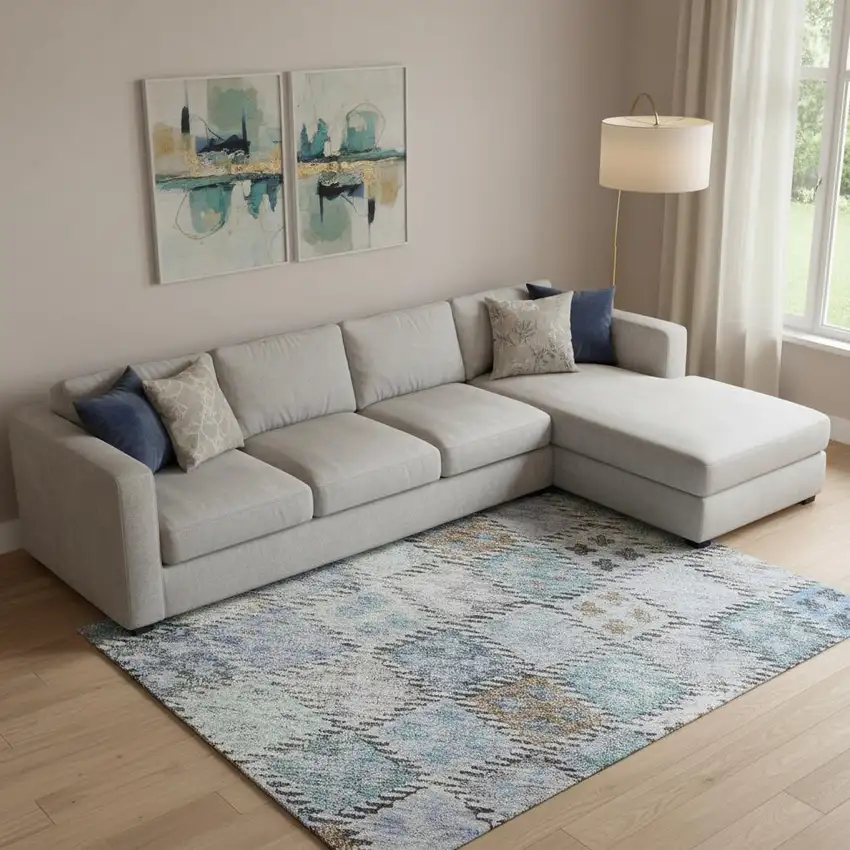 Blue Copper And Silver Geometric Washable Area Rug With UV Protection Photo 2