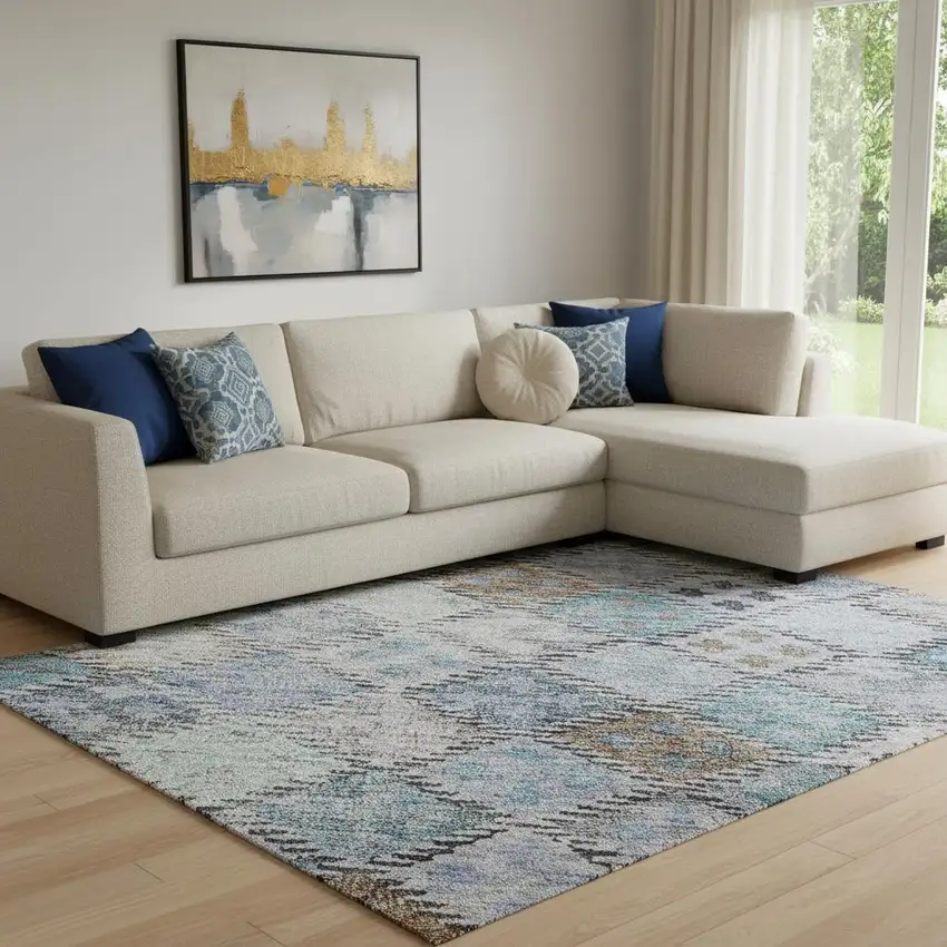 Blue Copper And Silver Geometric Washable Area Rug With UV Protection Photo 2