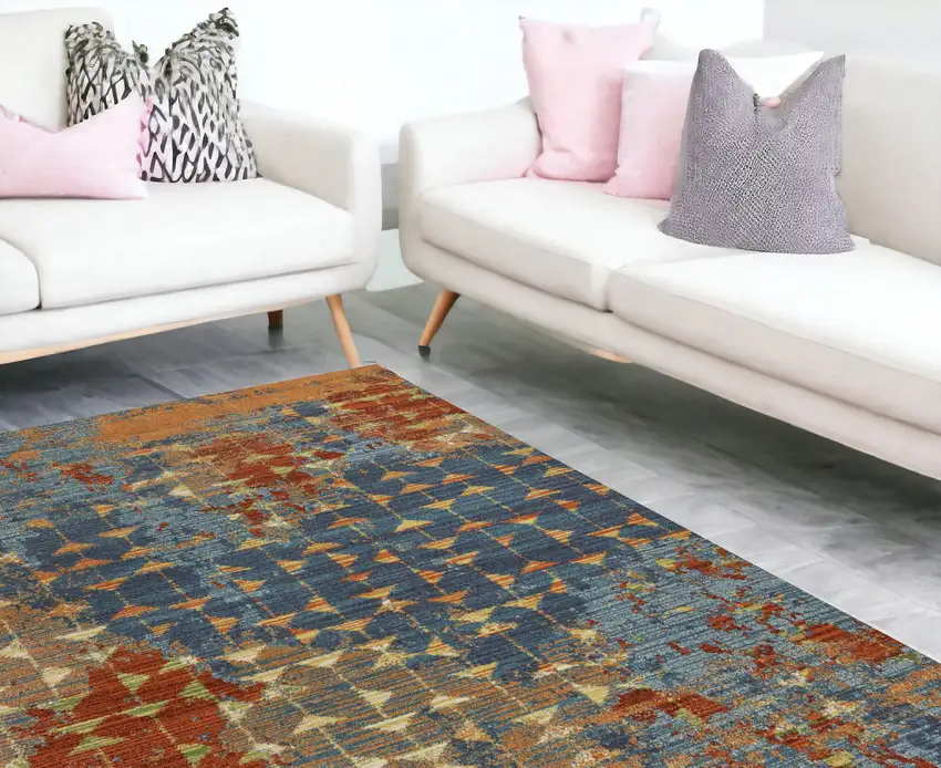7'X10' Blue Coral Machine Woven Abstract Triangular Strings Indoor Area Rug Photo 1