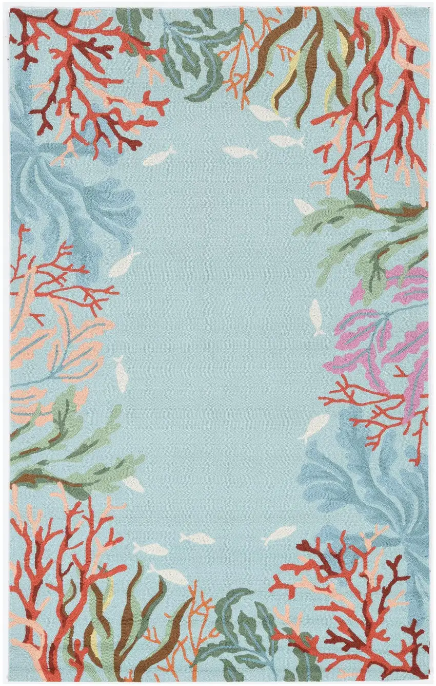 Blue Red And Pink Fish and Coral Hand Hooked Area Rug Photo 2
