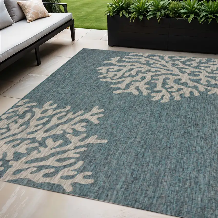 Blue And Gray Coral Indoor Outdoor Area Rug Photo 2