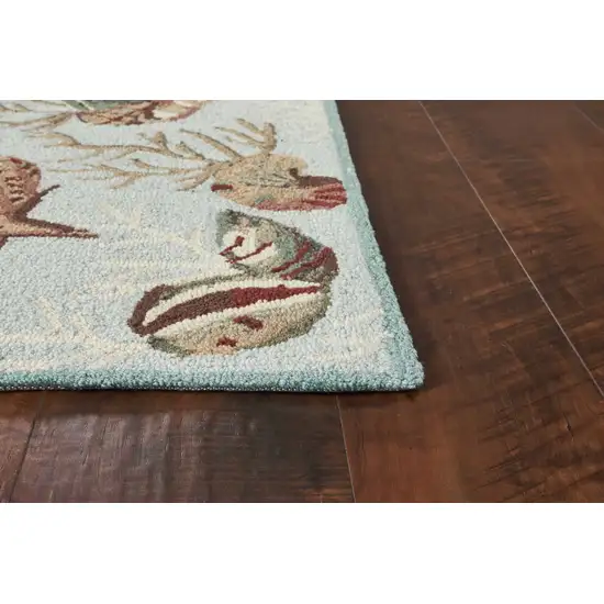 Blue Beige And Green Seashell and Coral Hand Hooked Area Rug Photo 6