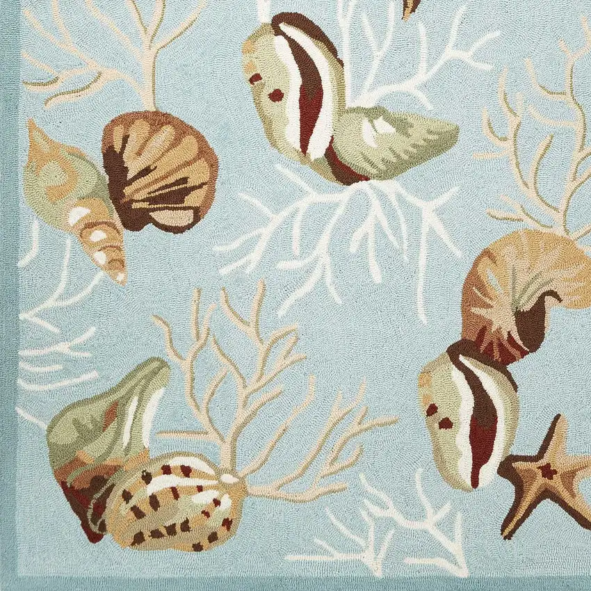 Blue Beige And Green Seashell and Coral Hand Hooked Area Rug Photo 5
