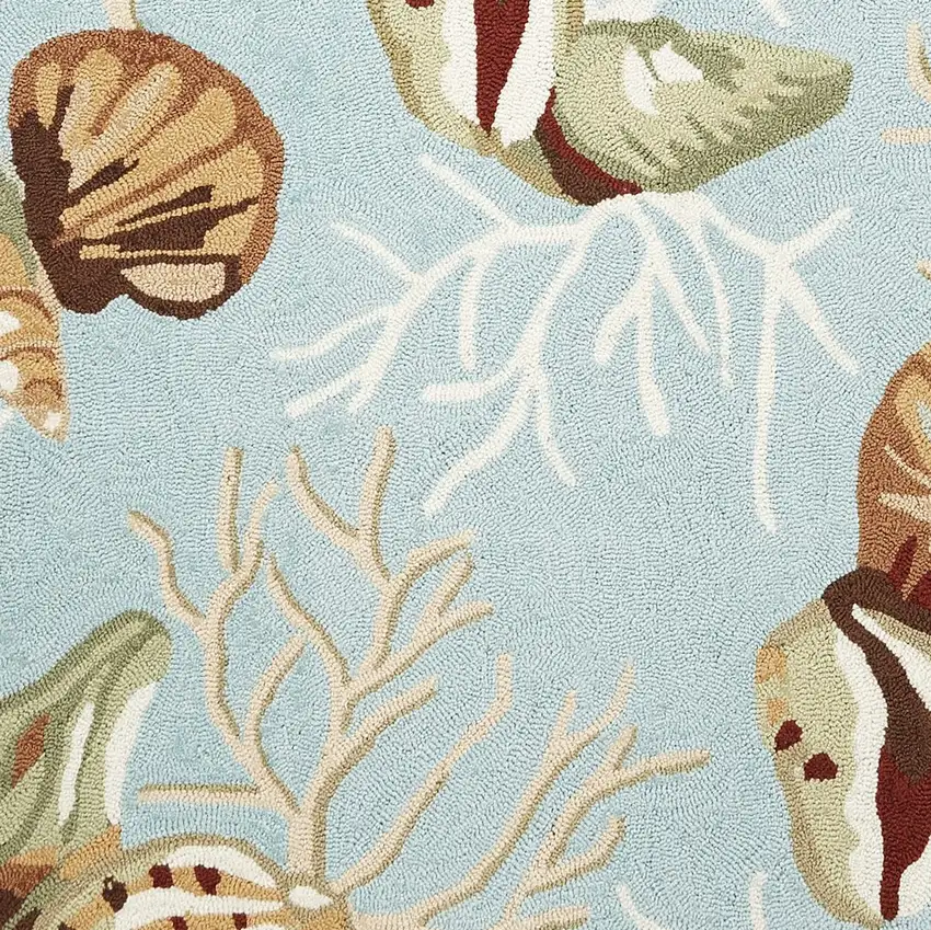 Blue Beige And Green Seashell and Coral Hand Hooked Area Rug Photo 4