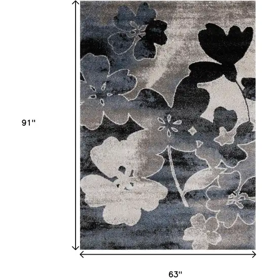 Blue Cream And Black Botanical Leaves Area Rug Photo 3