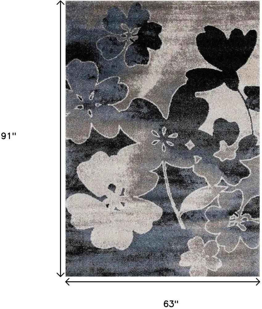 Blue Cream And Black Botanical Leaves Area Rug Photo 3