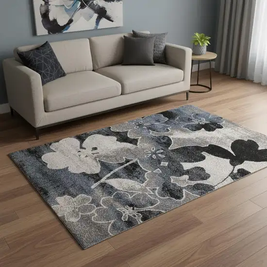 Blue Cream And Black Botanical Leaves Area Rug Photo 1