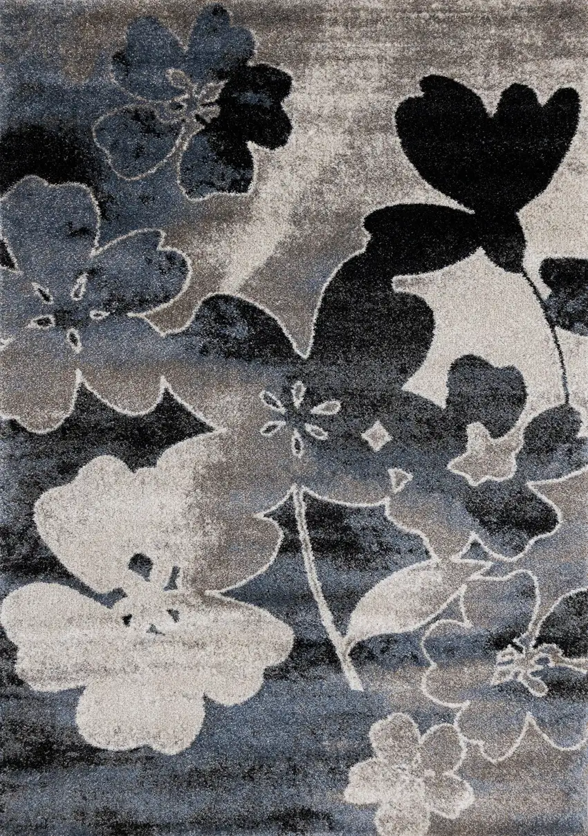 Blue Cream And Black Botanical Leaves Area Rug Photo 2