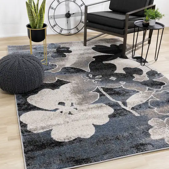 Blue Cream And Black Botanical Leaves Area Rug Photo 4