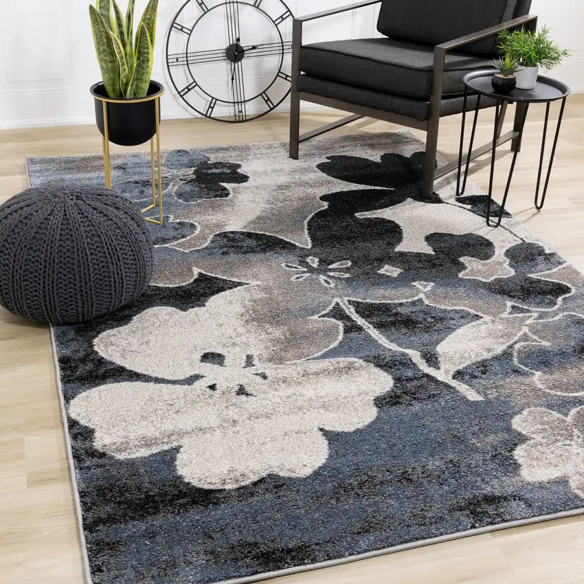 Blue Cream And Black Botanical Leaves Area Rug Photo 4