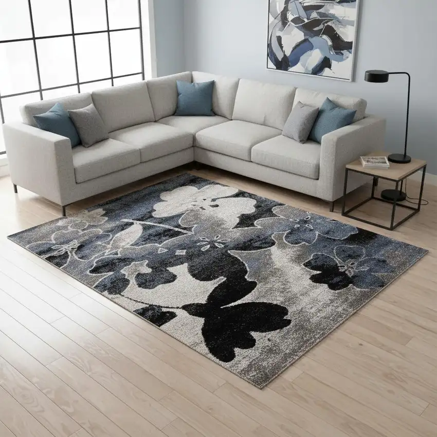 Blue Cream And Black Botanical Leaves Area Rug Photo 1