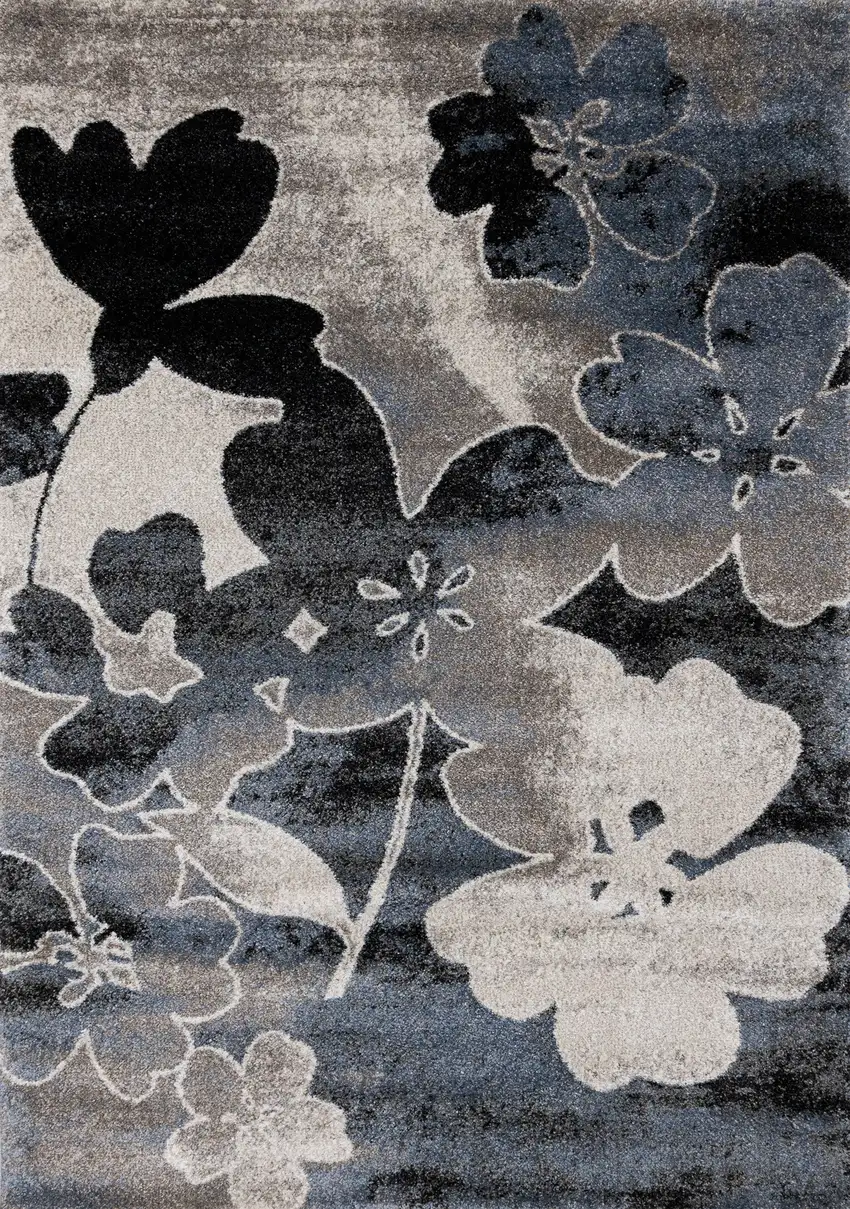 Blue Cream And Black Botanical Leaves Area Rug Photo 5