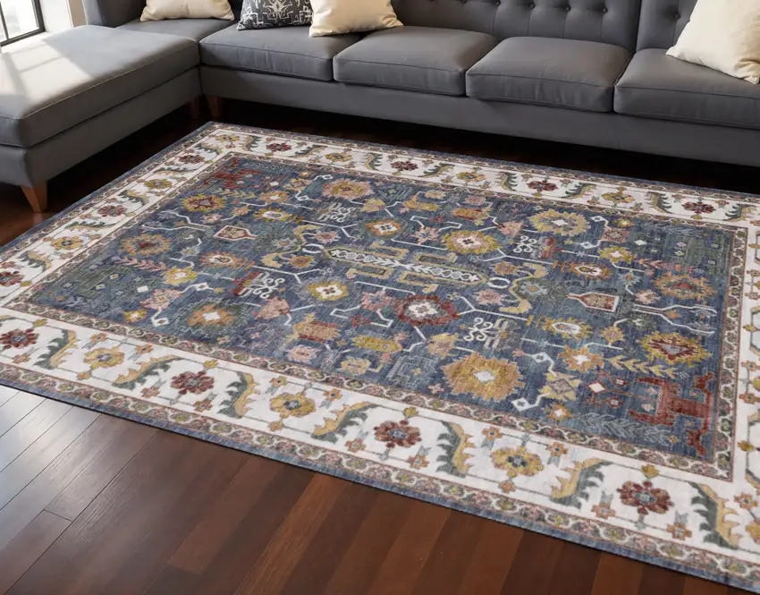 Blue Cream And Yellow Medallion Area Rug Photo 1