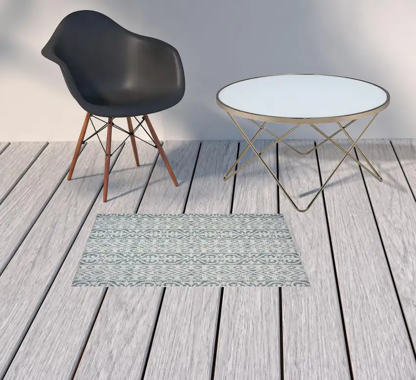 Blue Damask Indoor Outdoor Area Rug Photo 2