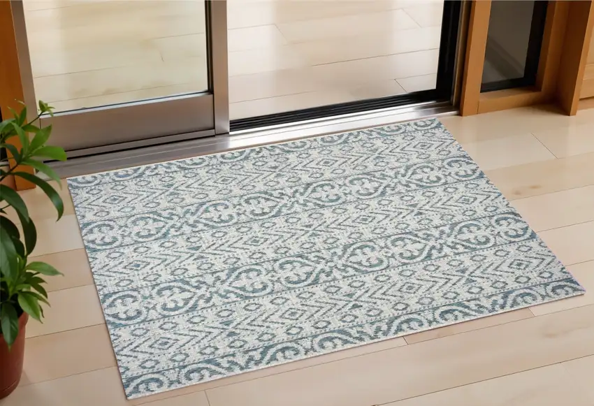 Blue Damask Indoor Outdoor Area Rug Photo 1