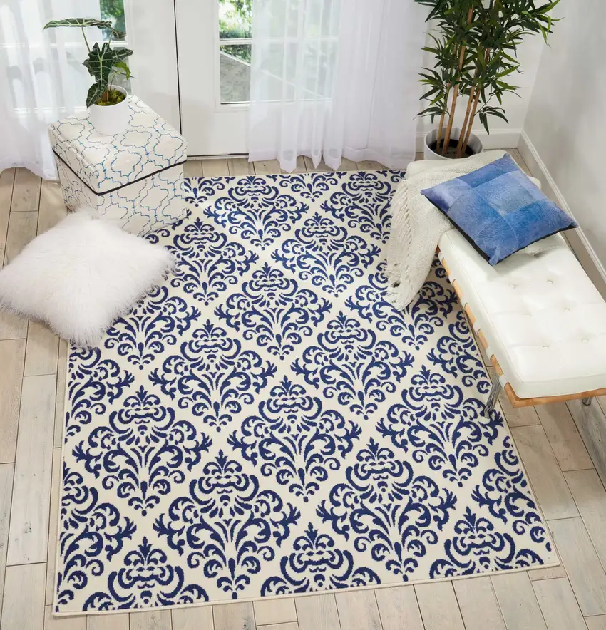 Blue Damask Power Loom Area Rug Photo 5