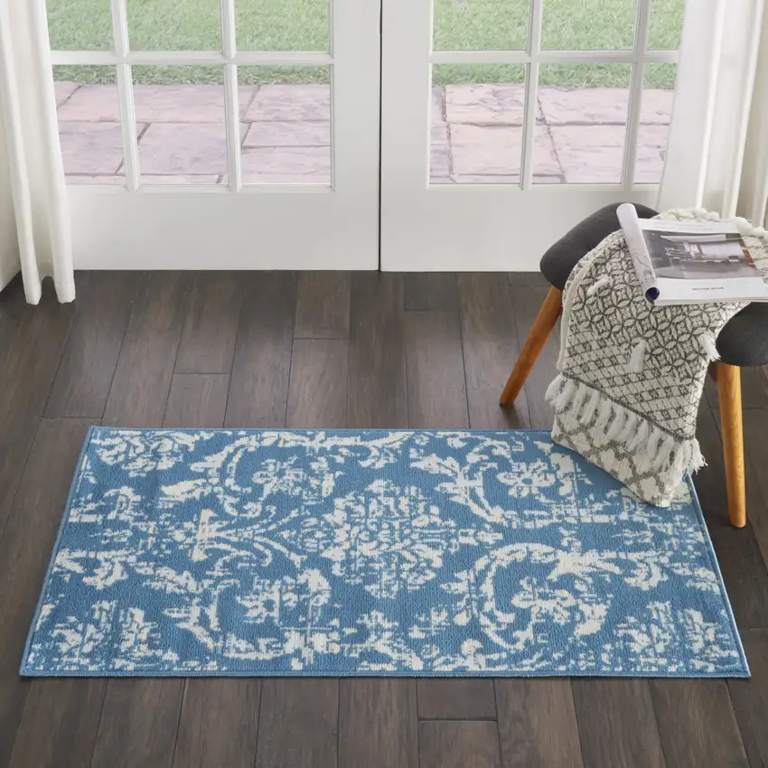 Blue Damask Power Loom Area Rug Photo 6