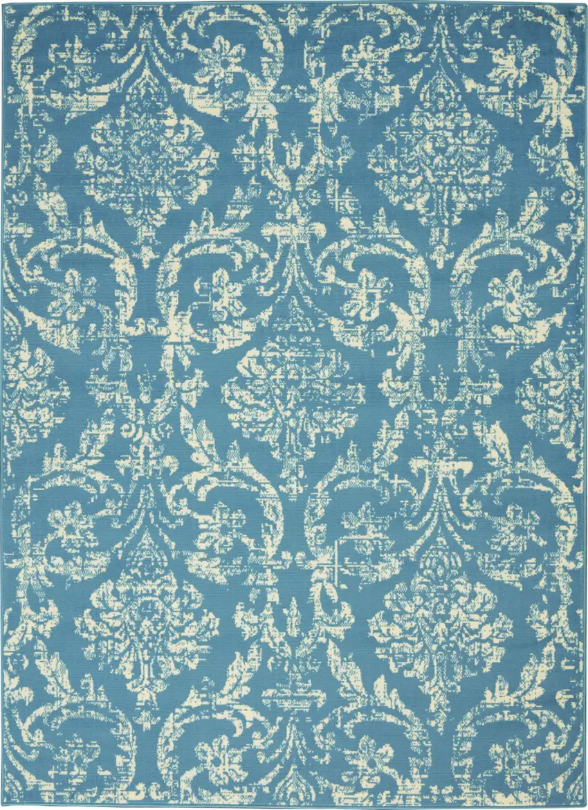 Blue Damask Power Loom Area Rug Photo 2