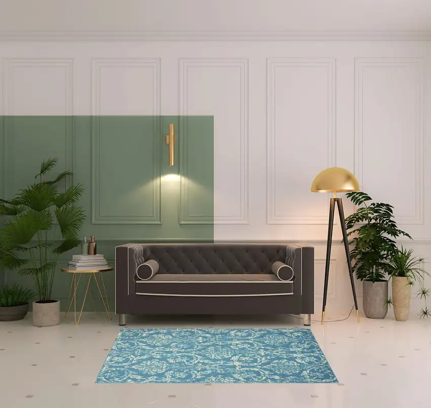 Blue Damask Power Loom Area Rug Photo 2