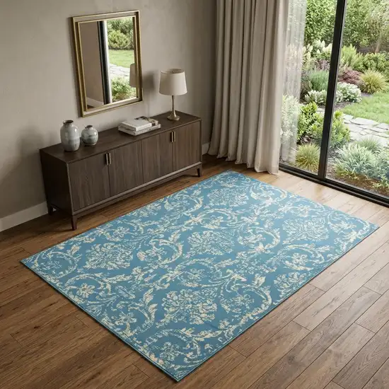 Blue Damask Power Loom Area Rug Photo 1