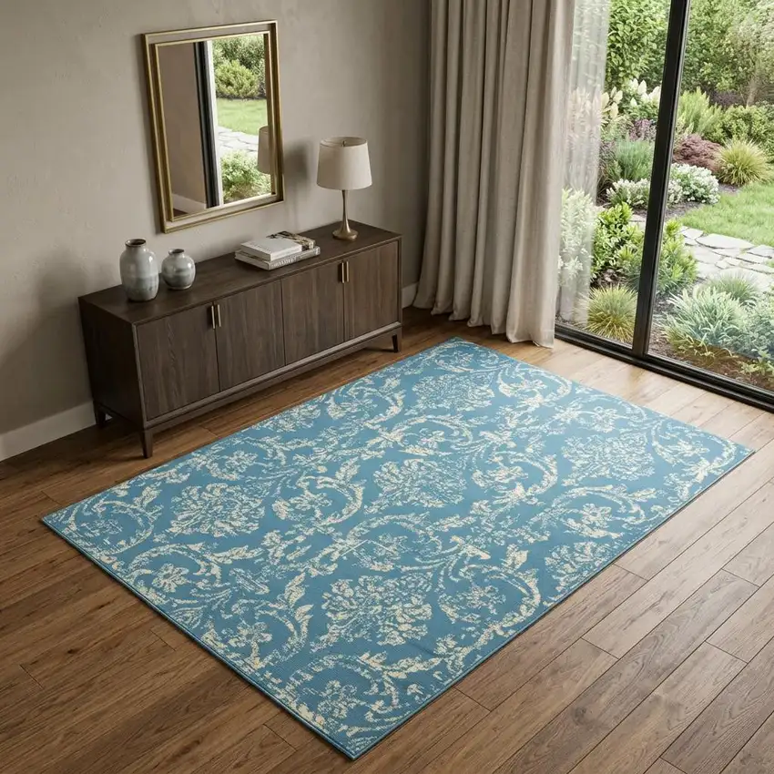 Blue Damask Power Loom Area Rug Photo 1