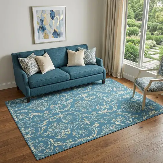 Blue Damask Power Loom Area Rug Photo 1