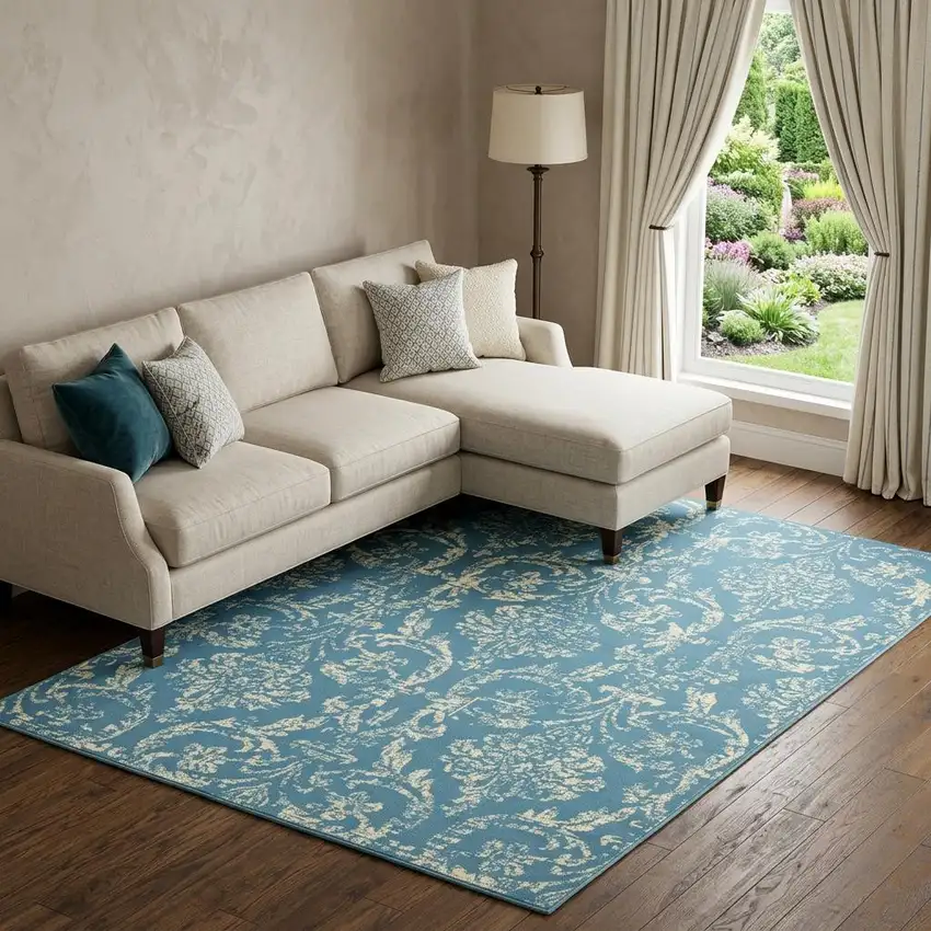 Blue Damask Power Loom Area Rug Photo 1