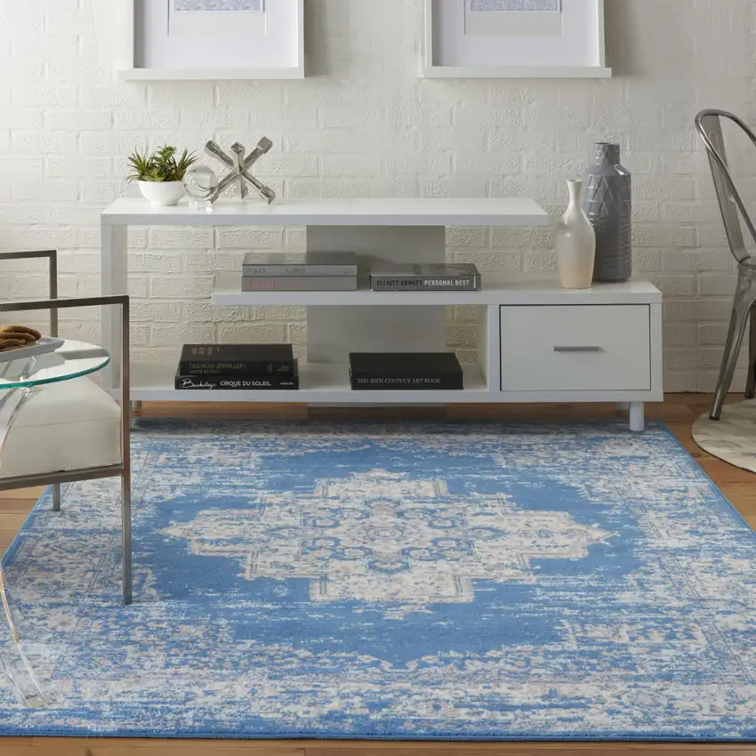 Blue Damask Power Loom Area Rug Photo 5