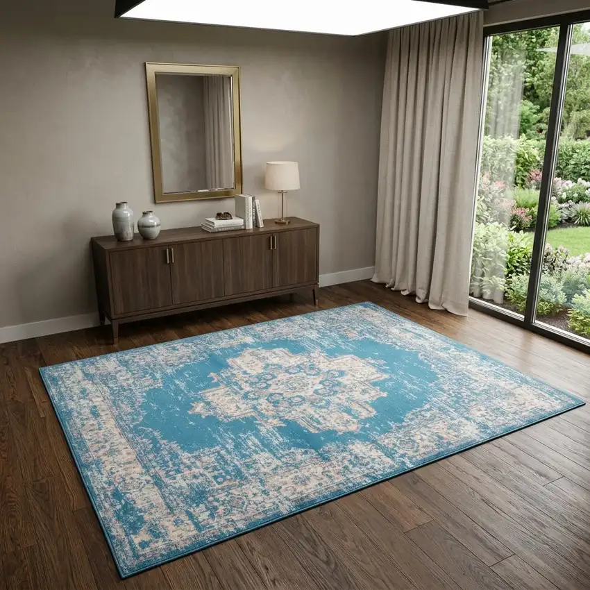 Blue Damask Power Loom Area Rug Photo 1