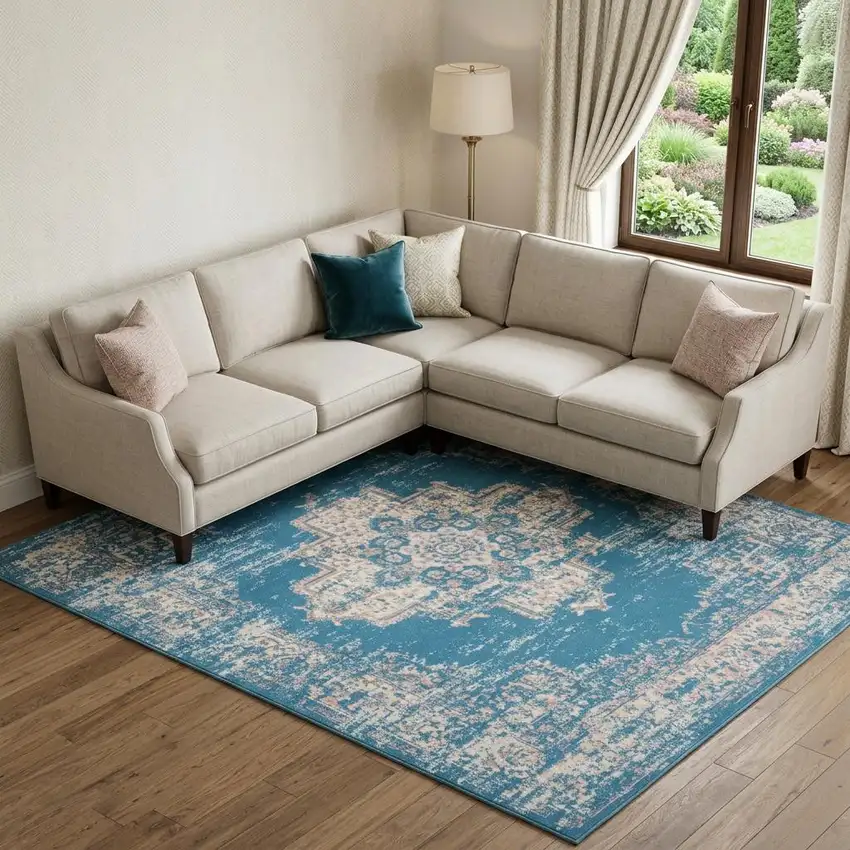 Blue Damask Power Loom Area Rug Photo 1