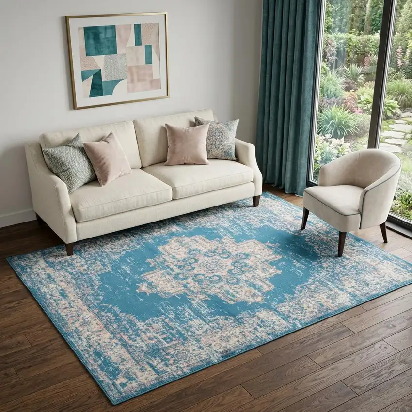 Blue Damask Power Loom Area Rug Photo 1