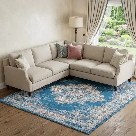 Blue Damask Power Loom Area Rug Photo 1