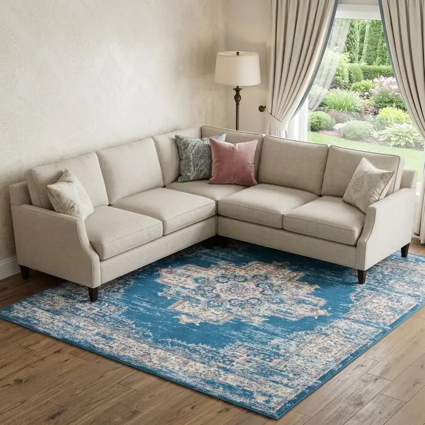 Blue Damask Power Loom Area Rug Photo 1