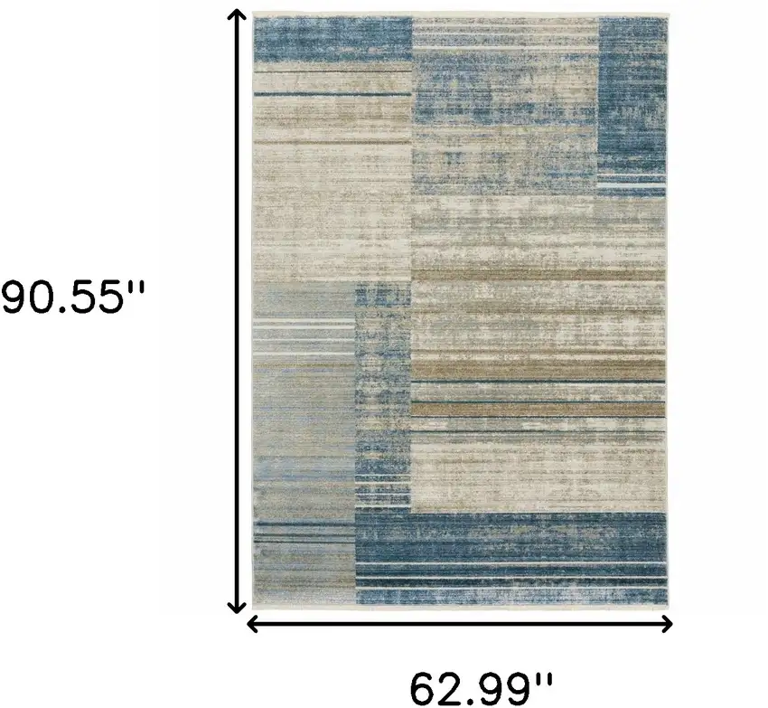 Blue Dark Blue Teal Grey Ivory Beige And Tan Geometric Power Loom Stain Resistant Area Rug With Fringe Photo 3