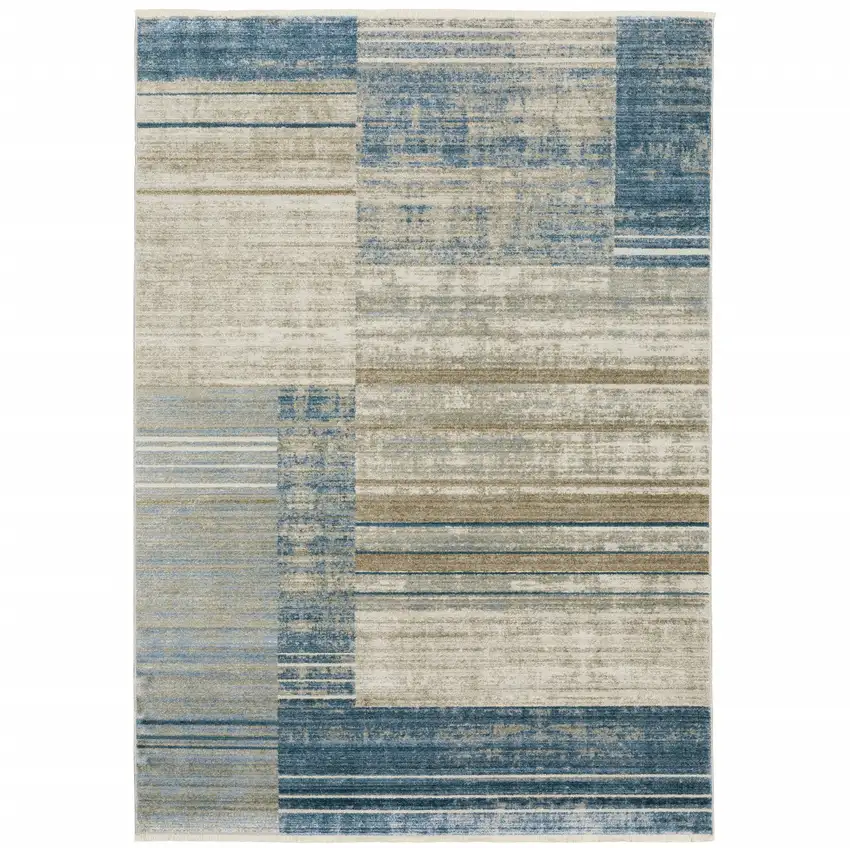Blue Dark Blue Teal Grey Ivory Beige And Tan Geometric Power Loom Stain Resistant Area Rug With Fringe Photo 1