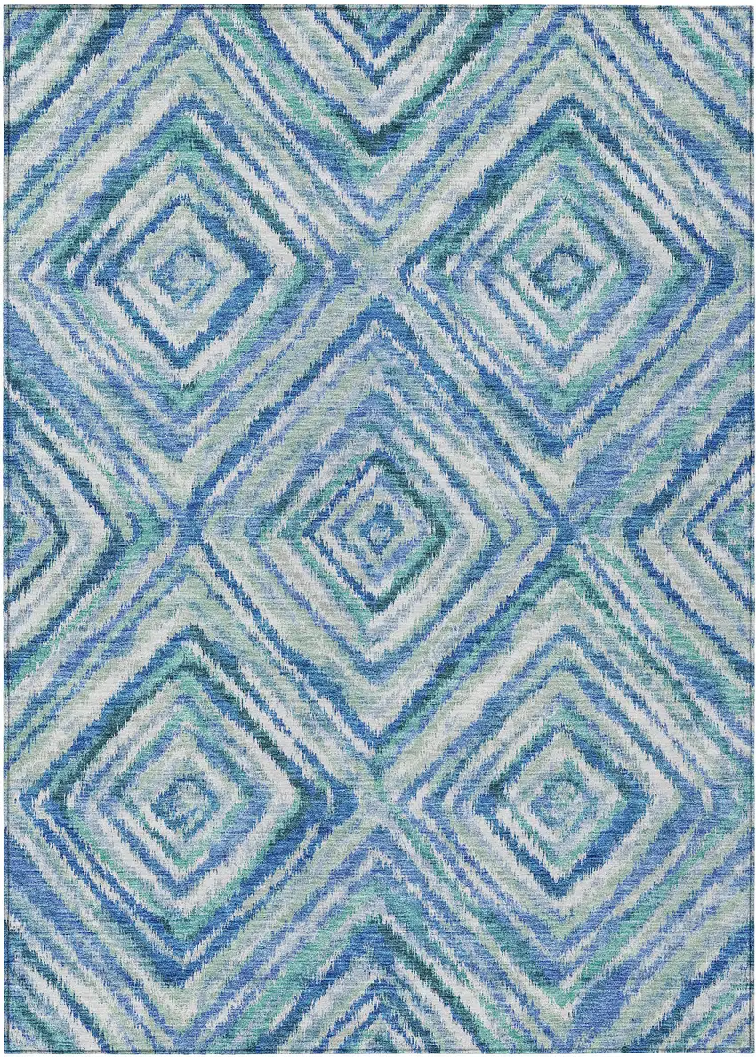 Blue Denim Blue And Green Geometric Washable Indoor Outdoor Area Rug Photo 2