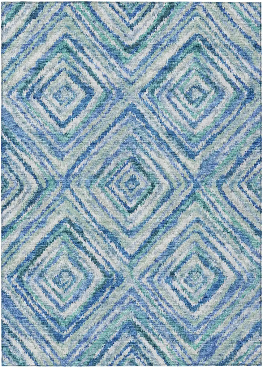 Blue Denim Blue And Green Geometric Washable Indoor Outdoor Area Rug Photo 2