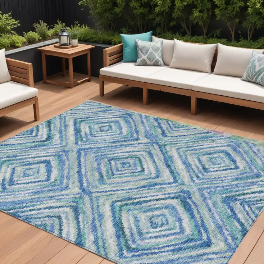 Blue Denim Blue And Green Geometric Washable Indoor Outdoor Area Rug Photo 1