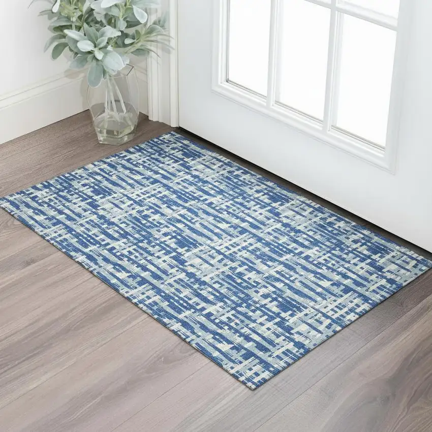 Blue Denim Blue And Ivory Abstract Geometric Washable Area Rug With UV Protection Photo 2