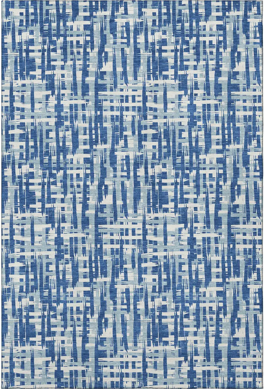 Blue Denim Blue And Ivory Abstract Geometric Washable Area Rug With UV Protection Photo 3