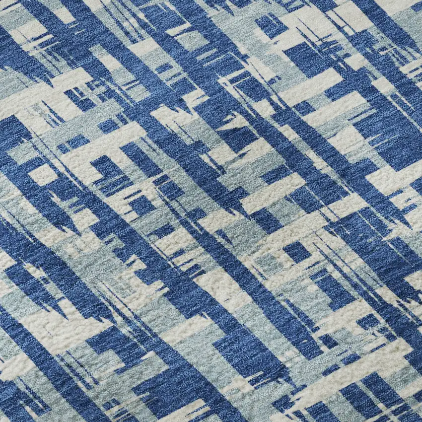 Blue Denim Blue And Ivory Abstract Geometric Washable Area Rug With UV Protection Photo 9
